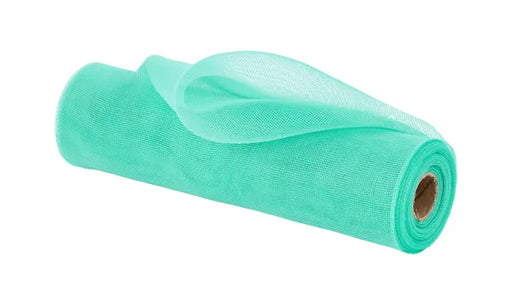 The Mint Green Fine Weave Mesh 10.25 Inches by 10 Yards RY5000T9 is a lightweight, translucent mesh fabric, partially unrolled to show its fine weave.