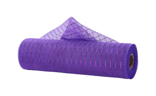A partially unrolled 10.25x10yd Purple With Purple Foil Fine Weave Metallic Mesh (RY500123) is displayed on a white background, showing its horizontal shiny stripes.