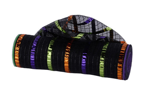 A 10.25x10yd roll of Fine Weave XL Foil Stripe Mesh (RY503676) featuring black, orange, purple, and lime metallic stripes with a shiny, grid-like pattern.
