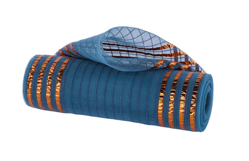 A rolled-up 10.25X10Yd Smoke Blue and Orange Fine Weave XL Foil with Jute Border (RY5038FX), featuring metallic copper-like stripes and a visible grid on the underside, displayed on a white background.
