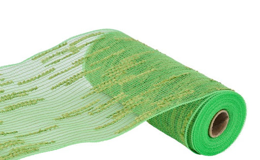 The 10.25 X 10Yd Lime Green Random Double Drift Mesh (RY812130) features a textured pattern, partially unrolled with a brown cardboard core, ideal for crafting or decoration.