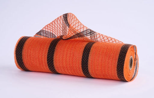 A partially unrolled 10.5X10Yd Orange and Black Faux Jute Striped Mesh (RY8337F7) lies on a white surface, featuring vibrant orange with black stripes for decorative use.