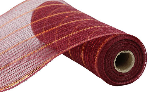 A partially unrolled roll of 10.25X10Yd Wide/Thin Foil Stripe Mesh in burgundy, red, and orange with gold accents rests on a white background.