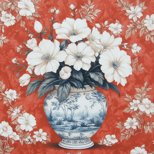 The 10 x 10 Red/Blue Chinoiserie Vase Sign TTE-231 showcases a pastoral scene with white flowers and green leaves on a rich red floral-patterned background, offering an elegant and classic touch to its vibrant design.