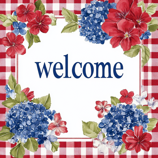 The 10 x 10 Red Gingham Welcome Sign TTE-266 showcases a Welcome message on a red gingham background, framed by bright red hibiscus, blue hydrangeas, and lush green leaves.