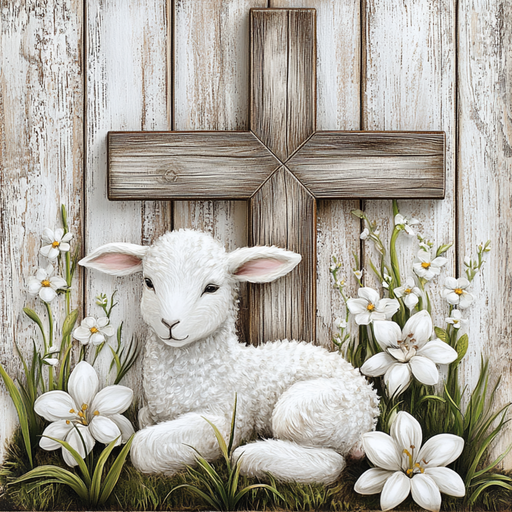 The 10 x 10 Religious Lamb & Cross Sign TTE-202 features a fluffy white lamb seated in front of a rustic wooden cross, with blooming white lilies and green grass, all set against a weathered wooden background that enhances its peaceful and serene atmosphere.