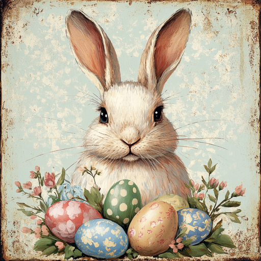 The 10 x 10 Retro Easter Bunny Sign TTE-166 features a whimsical illustration of a cute rabbit with large ears among colorful Easter eggs and pink flowers on a retro bunny-themed, vintage-textured background, adding charm to any space.