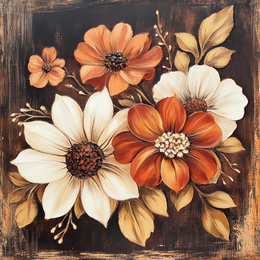 The 10 x 10 Rich Fall Flowers Sign TTE-293 features orange and cream fall flowers with brown centers on a rustic dark background, bringing a warm, vintage touch to your decor—ideal as autumn metal sign wall art.