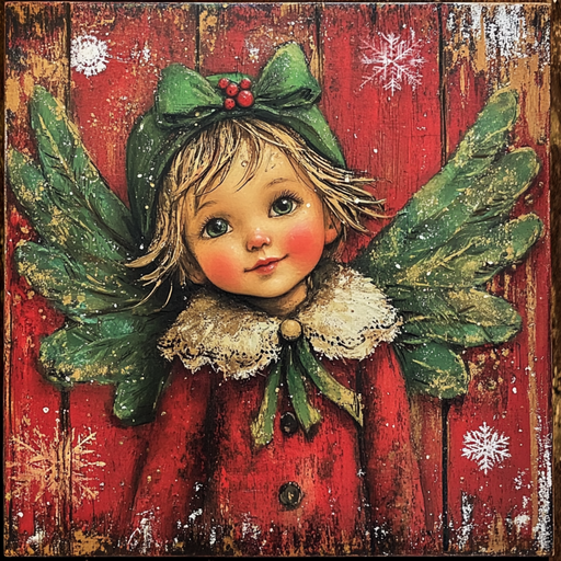 The 10" x 10" Rustic Christmas Angel Sign (TTE-083) features a charming illustration of a rustic Christmas angel, depicted as a cherubic child dressed in red with a green hat and wings. Set against a weathered red backdrop, the scene captures snowflakes gracefully dancing around the metal sign, highlighting the angel's warm expression, festive collar, and holly-adorned hat.