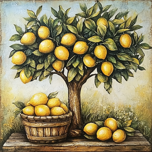 The 10 x 10 Rustic Lemon Tree Sign (TTE-259) features a lemon tree with ripe lemons next to a wooden basket of lemons, in yellow, green, and brown hues on wood against a soft background.