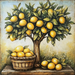 The 10 x 10 Rustic Lemon Tree Sign (TTE-259) features a lemon tree with ripe lemons next to a wooden basket of lemons, in yellow, green, and brown hues on wood against a soft background.