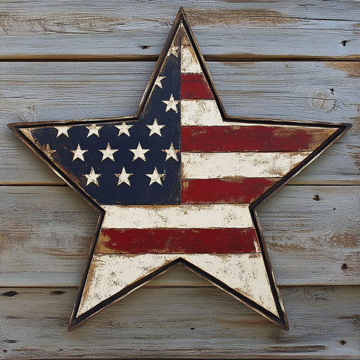 The 10 x 10 Rustic Patriotic Star Sign TTE-261 features an American flag design with a weathered wooden look on a gray backdrop, blending blue with white stars and red and white stripes for vintage Americana charm.