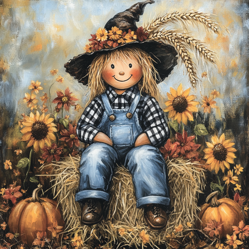 The 10 x 10 Scarecrow Boy Sign (TTE-283) features a cheerful scarecrow in plaid and overalls, sitting on a hay bale with sunflowers, leaves, and pumpkins—a charming metal sign for fall decor.