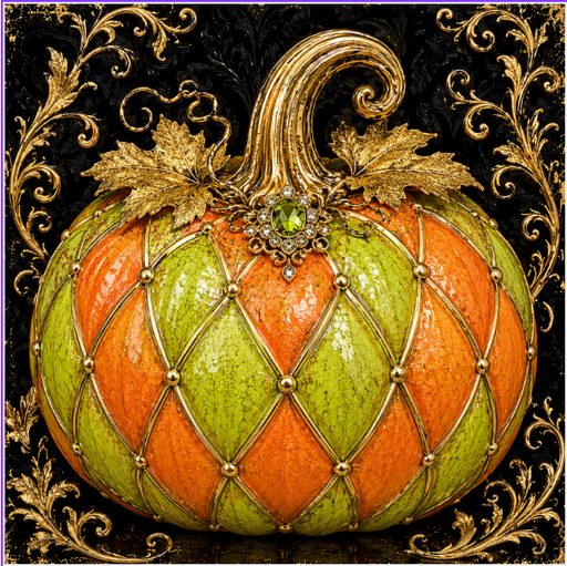Baroque harvest pumpkin metal sign featuring an orange and lime green jeweled pumpkin with gold accents, ornate black background, and decorative gold scrollwork.