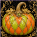 Baroque harvest pumpkin metal sign featuring an orange and lime green jeweled pumpkin with gold accents, ornate black background, and decorative gold scrollwork.