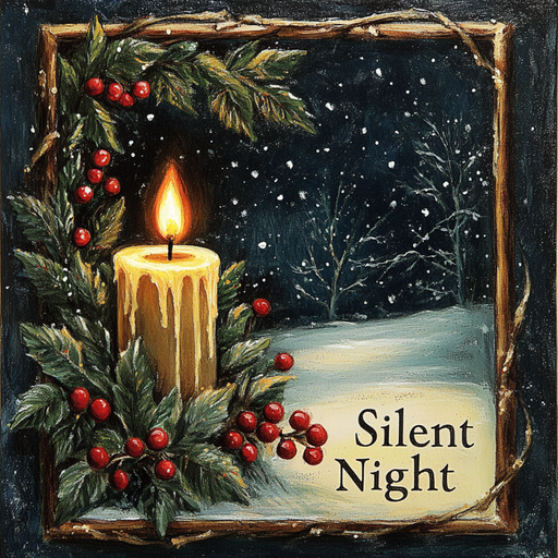 A glowing candle with holly and red berries frames a snowy scene on the 10 x 10 Black Silent Night Christmas Sign TTE-046. Snowflakes gently fall against the sky, enhancing its charm. The text Silent Night is elegantly inscribed below on durable metal.
