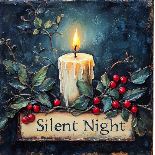 A lit candle with green leaves and red berries sits above the 10 x 10 Blue Silent Night Christmas Sign TTE-048, set against a dark, textured background.