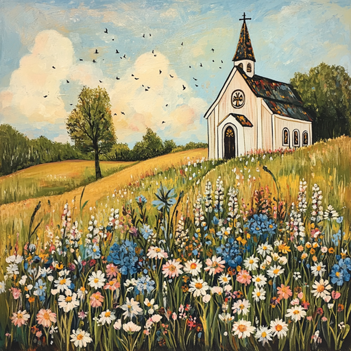 A quaint church with a steeple sits on a hill enveloped by a meadow of colorful wildflowers. The 10 x 10 Spring Church Sign TTE-241 adds charm to the scene, while birds fly above and trees grace the background beneath a partly cloudy sky.
