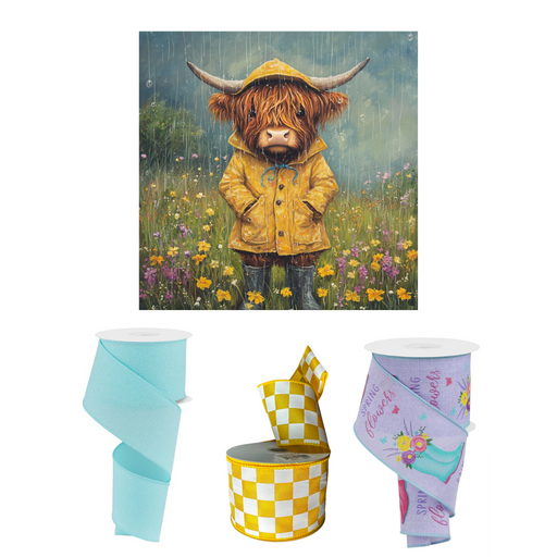 A cute highland cow in a raincoat stands amidst flowers with a lavender ribbon. Below are three colorful toilet paper rolls: blue, yellow checkered, and floral patterns. (Product: Spring Highland Cow in Rain Sign & 3 Ribbon Bundle 03122025).