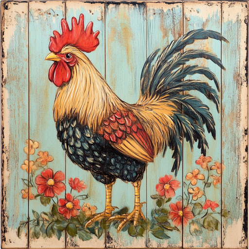 The 10 x 10 Springtime Rooster Sign TTE-205 features a vibrant rooster with a red comb among red and orange flowers on a rustic wooden background with a distressed blue finish, embodying vintage farmhouse style charm, perfect for spring decor.