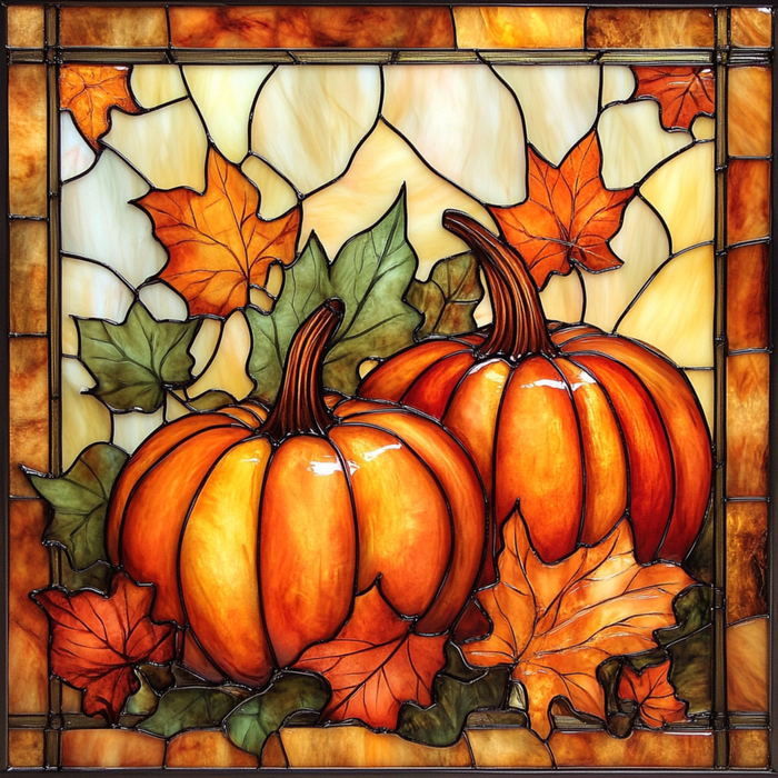 The 10 x 10 Stained Glass Pumpkins Sign (TTE-280) showcases two large orange pumpkins with autumn leaves and an amber-toned border—ideal as a unique metal sign for fall décor.