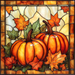 The 10 x 10 Stained Glass Pumpkins Sign (TTE-280) showcases two large orange pumpkins with autumn leaves and an amber-toned border—ideal as a unique metal sign for fall décor.