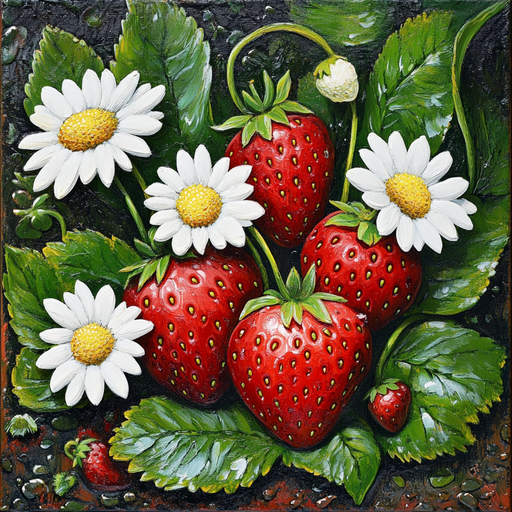 The 10 x 10 Strawberries & Daisies Sign TTE-255 artwork displays vivid red strawberries, green leaves, and white daisies with yellow centers against a dark backdrop, emphasizing the fresh allure of the fruits and flowers.
