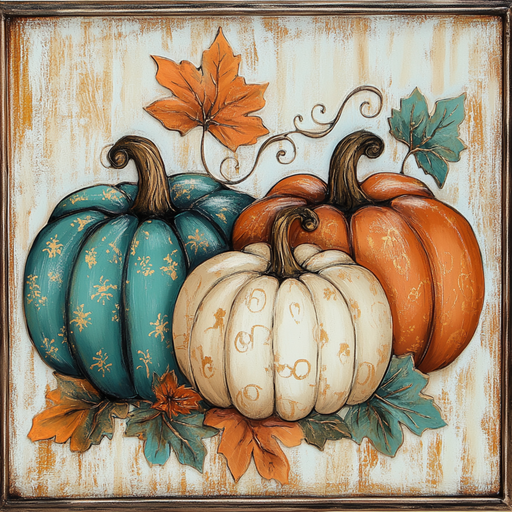 The 10 x 10 Teal Pumpkins & Leaves Sign (TTE-296) features hand-painted vintage art of teal, white, and orange pumpkins with vibrant autumn leaves on a rustic background for a charming seasonal touch.