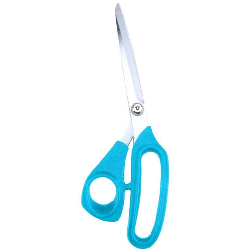 The 9.5L Ribbon Scissor in turquoise (Model MT107230) features shiny metal blades and vibrant plastic handles, ideal for ribbon cutting and it shines brightly against a white background.