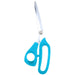 The 9.5L Ribbon Scissor in turquoise (Model MT107230) features shiny metal blades and vibrant plastic handles, ideal for ribbon cutting and it shines brightly against a white background.