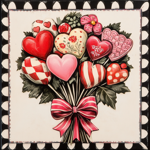 The 10" x 10" Valentine Bouquet Pink Bow Sign TTE-127 features heart-shaped blooms in red, pink, checkered, and floral patterns, beautifully adorned with a pink bow. A black and white design elegantly borders this decorative piece, making it the perfect centerpiece for love-filled celebrations.
