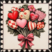 The 10" x 10" Valentine Bouquet Pink Bow Sign TTE-127 features heart-shaped blooms in red, pink, checkered, and floral patterns, beautifully adorned with a pink bow. A black and white design elegantly borders this decorative piece, making it the perfect centerpiece for love-filled celebrations.