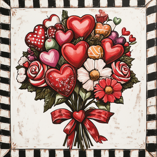 A vibrant illustration of the "10\" x 10\" Valentine Bouquet Red Bow Sign TTE-126" features heart-shaped and classic flowers in shades of red, pink, and white. Perfect for home decor, this piece is elegantly framed with a black and white striped border reminiscent of an elegant metal sign.