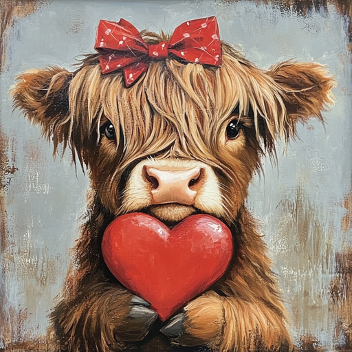 The 10 x 10 Valentine Highland Cow TTE-139 features a fluffy highland cow with long hair holding a red heart, adorned with a red bow embellished with white polka dots. It stands against a textured, muted gray background.