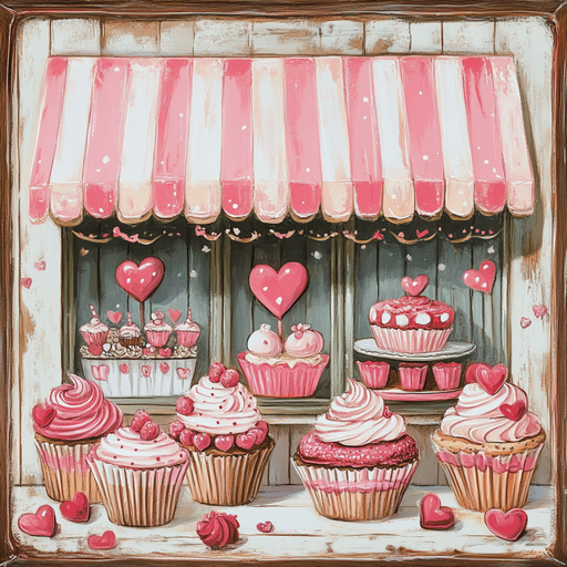 Depiction of a bakery window featuring a pink and white striped awning, evoking the charm of a Valentine's Sweet Shop. The scene displays cupcakes topped with hearts and pink frosting, complemented by a heart-shaped cake to enhance the whimsical vibe. This delightful imagery is encapsulated on the 10" x 10" Valentine's Sweet Shop Sign TTE-123.