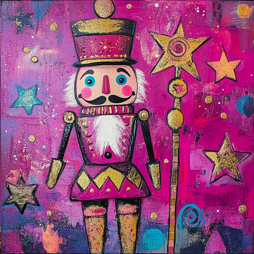 The vibrant 10" x 10" Nutcracker Sign TTE-114 displays a nutcracker soldier dressed in hot pink with black boots and a white beard. Holding a staff topped with a yellow star, it is set against a backdrop of pink, purple, and gold. Star shapes are sprinkled throughout the scene, emphasizing the festive theme of this nutcracker sign.