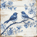 The 10 x 10 Vintage Chinoiserie Birds Sign (TTE-181) features two blue birds on a branch with blue floral patterns against a rustic wooden background, echoing the charm of traditional blue and white porcelain designs.