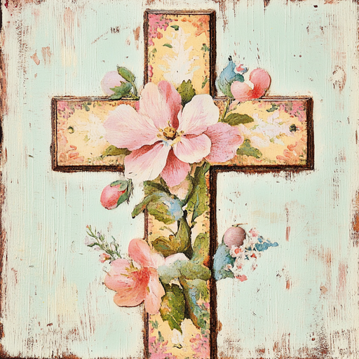 The 10 x 10 Vintage Cross Sign TTE-194 features pink and peach flowers with green leaves on a weathered aqua background. This rustic piece looks hand-painted, capturing the charm of a Brown/Pink/Green/Mint/Cream palette.