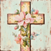 The 10 x 10 Vintage Cross Sign TTE-194 features pink and peach flowers with green leaves on a weathered aqua background. This rustic piece looks hand-painted, capturing the charm of a Brown/Pink/Green/Mint/Cream palette.