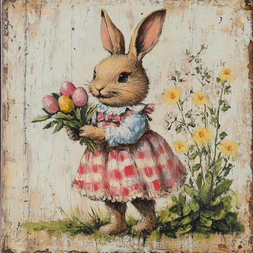 The 10 x 10 Vintage Easter Bunny Girl Sign TTE-165 showcases a bunny in a red and white checkered dress with pink and yellow tulips, set against a rustic backdrop with yellow flowers, perfect for Easter decor.