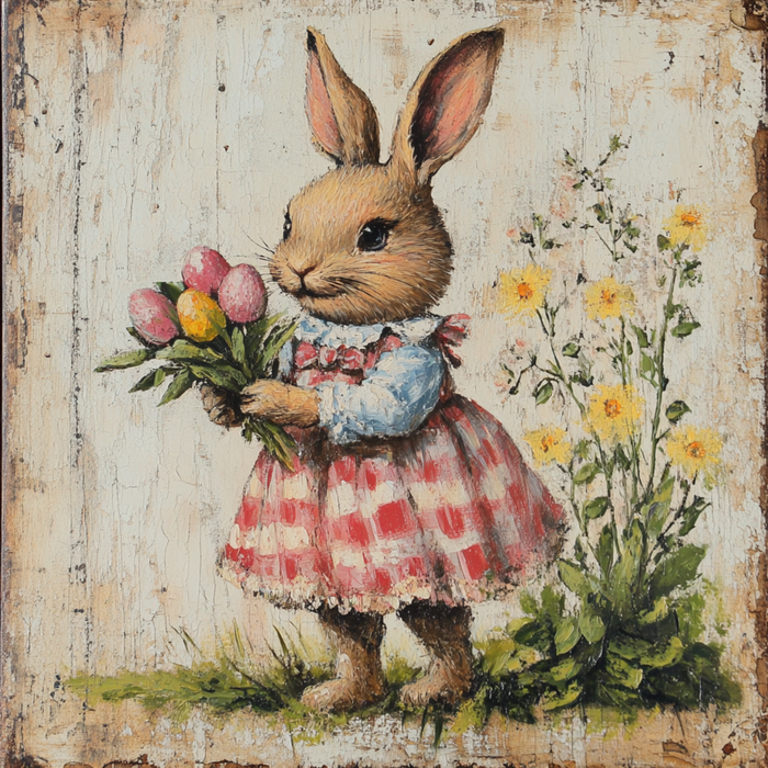 The 10 x 10 Vintage Easter Bunny Girl Sign TTE-165 showcases a bunny in a red and white checkered dress with pink and yellow tulips, set against a rustic backdrop with yellow flowers, perfect for Easter decor.
