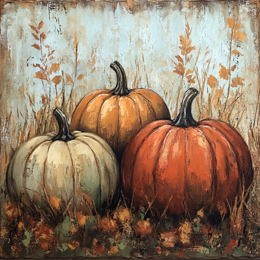 The 10 x 10 Vintage Fall Pumpkin Cluster Sign TTE-273 features three pumpkins—white, orange, and deep orange—nestled in autumn grasses with a rustic background for a charming seasonal accent.