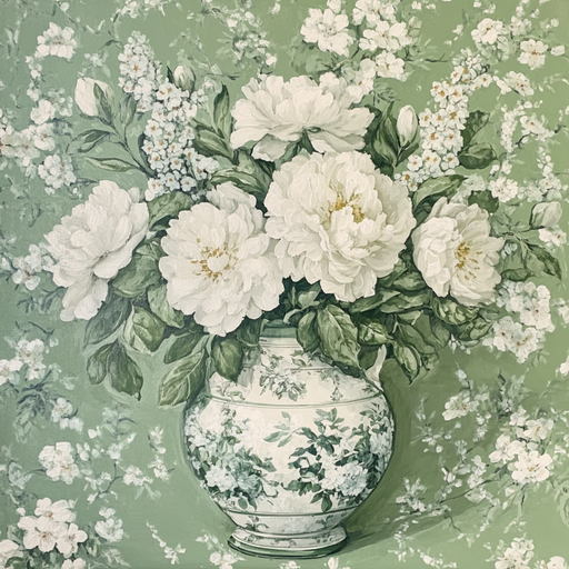 The 10 x 10 Vintage Sage Green Chinoiserie Vase Sign TTE-230 features white peonies and green foliage, set against a sage green background with a floral pattern for an elegant and harmonious composition.