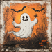 The 10 x 10 Vintage Halloween Ghost Sign TTE-034 features a cheerful ghost on an orange background, with bats above and pumpkins nestled among trees and brambles. Its rustic texture makes it an enchanting addition to any metal sign collection.
