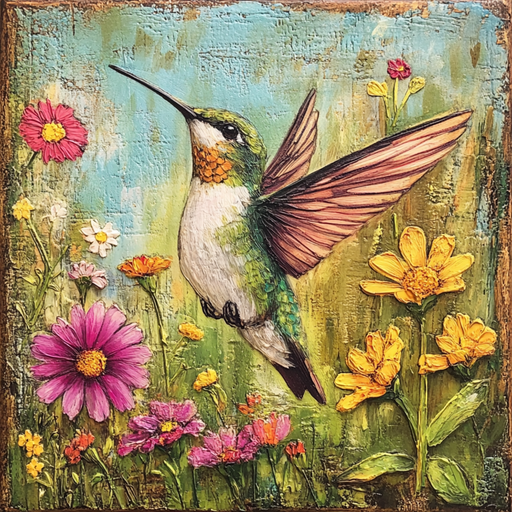 The 10 x 10 Vintage Hummingbird Sign TTE-242 features a vibrant painting of a hummingbird with detailed green and white feathers and purple-tipped wings hovering among bright pink, yellow, and orange flowers on a textured blue and green background.
