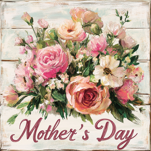 A rustic floral sign showcases a vibrant bouquet of pink, peach, and white flowers with green leaves. Below the blooms, Vintage Mothers Day is elegantly scripted in red. This product is described as the 10 x 10 Vintage Mothers Day Florals Sign TTE-226.