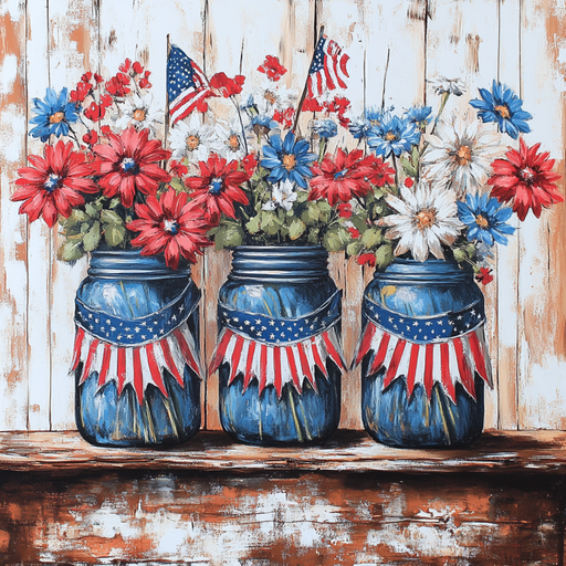 The 10 x 10 Vintage Patriotic Mason Jars TTE-264 feature an American flag pattern, filled with red, white, and blue flowers and tiny flags. These charming jars rest on a wooden surface against a rustic white wood backdrop, evoking nostalgic Americana vibes.