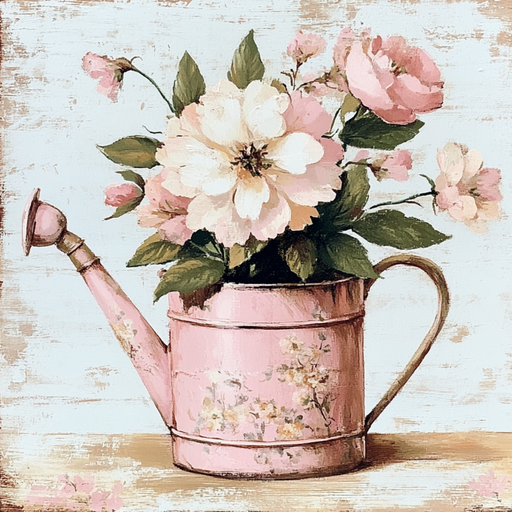 The 10 x 10 Vintage Pink Watering Can Sign TTE-239, featuring a floral-adorned watering can with a bouquet of white and pink flowers and green leaves, is set against a rustic textured white background that enhances its charm.