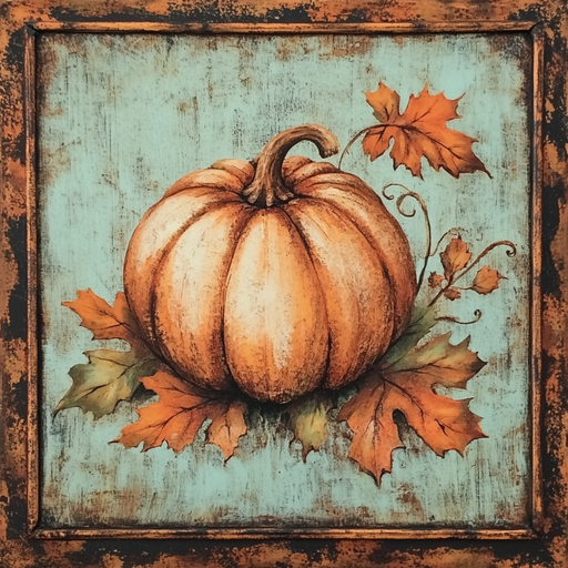 The 10 x10 Vintage Fall Pumpkin with Border Sign TTE-302 showcases an orange pumpkin amid autumn leaves on a distressed blue background with a textured brown border—ideal for adding rustic charm to your décor.