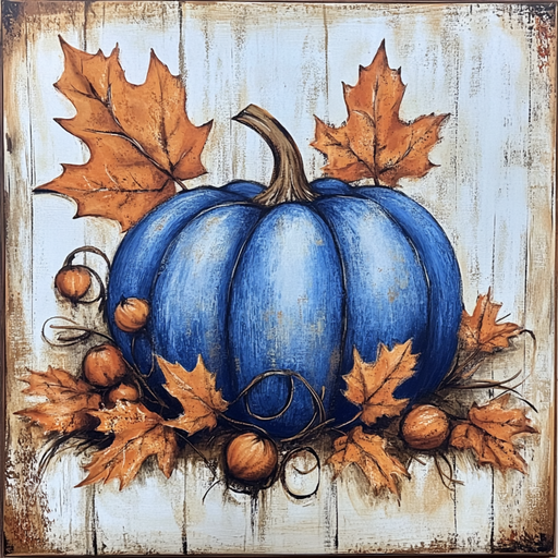 Accent your space with the 10 x 10 Vintage Royal Blue Pumpkin Sign TTE-267, featuring a royal blue pumpkin surrounded by orange autumn leaves and small gourds on a rustic wooden background for a charming seasonal touch.